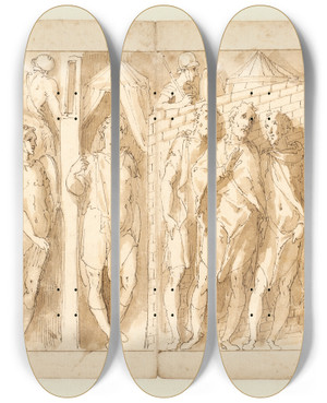 Triptych art skateboard deck of Giovanni Guerra Kamp Mellem Romere Og Sarmatere Marcus Aurelius Taler Med To Ledsagere Uden For Lejren Indskibning Og Passage by Giovanni Guerra (1544-1618)