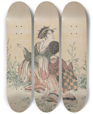 Triptych art skateboard deck of Kubo Shunman Four Girls And A Servant Enjoying Wild Flowers Andbutterflies by Kubo Shunman (1757-1820)