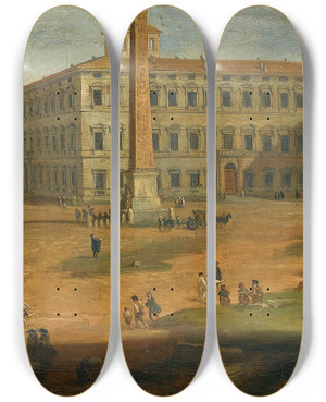 Triptych art skateboard deck of Follower Of Gaspar Van Wittel Rome A View Of Piazza San Giovanni Laterano With Figures And Horsedrawn Carts by Follower of Gaspar van Wittel (1653-1736)