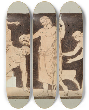Triptych art skateboard deck of Moritz Von Schwind Der Tod Des Ringkmpfers Arrhichion by Moritz Von Schwind (1804-1871)