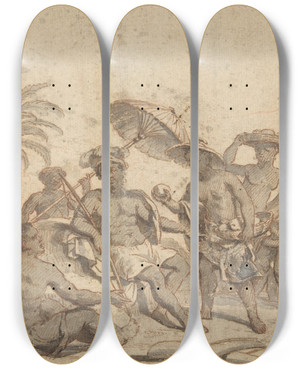 Triptych art skateboard deck of Pieter Van Laer Scene Of Africa by Pieter Van Laer (1592-1642)