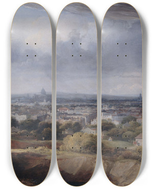 Triptych art skateboard deck of George Arnald Paris Vu Des Hauteurs De Montmartre by George Arnald (1763-1841)