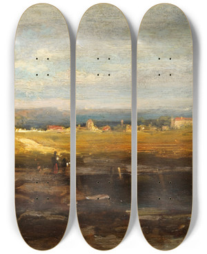 Triptych art skateboard deck of Carl Spitzweg Flachlandschaft Im Vorgebirge by Carl Spitzweg (1808-1880)