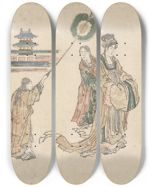 Triptych art skateboard deck of Katsushika Hokusai Old Man Feeding The Turtles Princes And Attendants Approaching by Katsushika Hokusai (1760-1849)