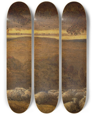 Triptych art skateboard deck of James Smetham Evening Pasture by James Smetham (1821-1889)