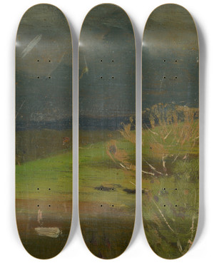 Triptych art skateboard deck of Ferdinand Katona Landscape From Under The High Tatras by Ferdinand Katona (1864-1932)