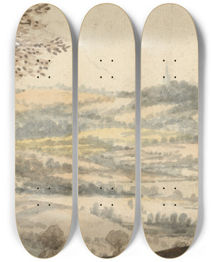 Triptych art skateboard deck of Peter Tillemans Landscape With Two Figures In The Foreground by Peter Tillemans (1684-1734)