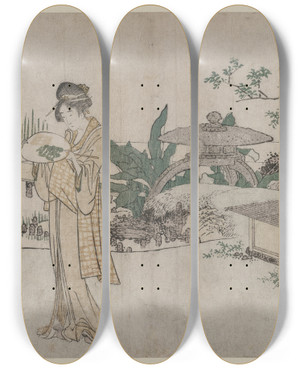 Triptych art skateboard deck of Katsushika Hokusai Two Women And A Child Beside A Goldfish Tank by Katsushika Hokusai (1760-1849)