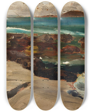 Triptych art skateboard deck of Harry Clarke Landscape By The Coast by Harry Clarke (1889-1931)