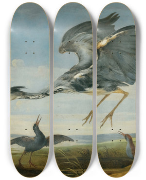 Triptych art skateboard deck of Paul De Vos Landscape With Pairs Of Herons And Bitterns by Paul de Vos (1596-1678)