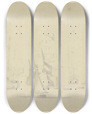 Triptych art skateboard deck of Willem Van De Velde The Younger Eine Flotte Rechts Das Reich Beflackte Admiralsschiff Umgeben Von Vielen Booten by Willem van de Velde the Younger (1633-1707)