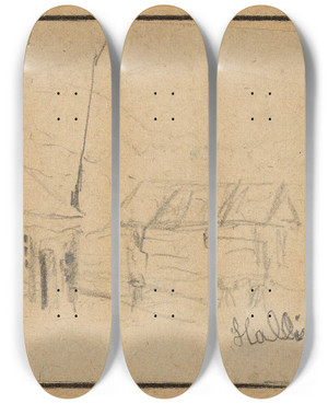 Triptych art skateboard deck of Gustav Wentzel Farm Yard Hallingdal by Gustav Wentzel (1859-1927)