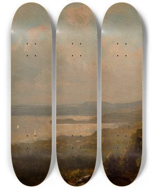 Triptych art skateboard deck of Hermann Fuechsel A View From Mr Henry Villard Villa At Dobbs Ferry Hudson by Hermann Fuechsel (1833-1915)