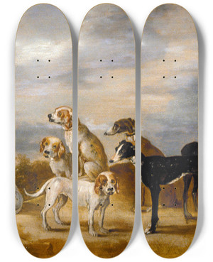 Triptych art skateboard deck of Workshop Of David Teniers The Younger A Hunter With Eight Hounds by workshop of David Teniers the Younger (1610-1690)