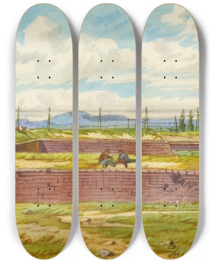 Triptych art skateboard deck of Franz Gerasch Die St Marxer Linie In Wien Beim Arsenal by Franz Gerasch (1826-1906)