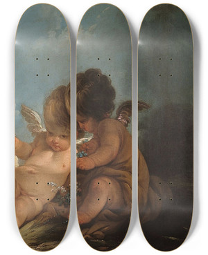 Triptych art skateboard deck of Jeanfranois Clermont Groupe De Cinq Amours Jouant Avec Deux Moutons by Jean-Franois Clermont (1717-1807)