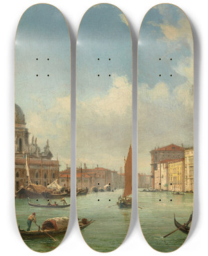Triptych art skateboard deck of Luigi Querena Gondolas And Boats On The Molo Looking West Towards Santa Maria Della Salute by Luigi Querena (1820-1887)