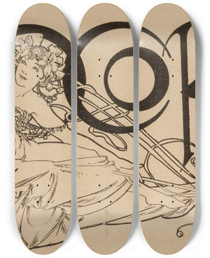 Triptych art skateboard deck of Alphonse Mucha Cocorico Magazine Title Illustration by Alphonse Mucha (1860-1939)