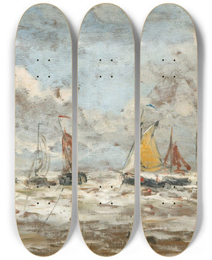 Triptych art skateboard deck of Hendrik Willem Mesdag Fishing Fleet Off The Dutch Coast by Hendrik Willem Mesdag (1831-1915)