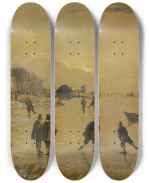 Triptych art skateboard deck of Aert Van Der Neer A Winter Landscape With Skaters And Kolf Players A Village To The Left by Aert van der Neer (1603-1677)
