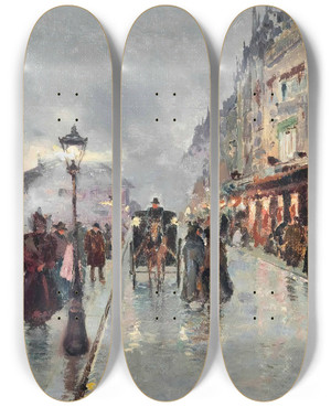 Triptych art skateboard deck of Fausto Giusto At The Gare Saint Lazare Towards The End Of The Day by Fausto Giusto (1867-1941)