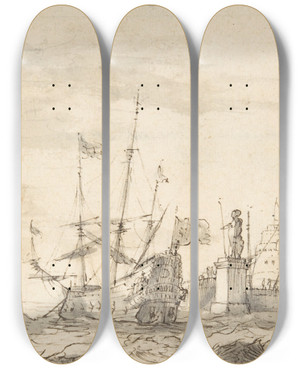 Triptych art skateboard deck of Bonaventura Peeters The Elder Capriccio View Of A Mediterranean Port by Bonaventura Peeters The Elder (1614-1652)