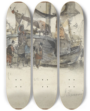 Triptych art skateboard deck of Willem Roelofs Vissersboten Op Het Strand Van Scheveningen by Willem Roelofs (1822-1897)