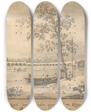 Triptych art skateboard deck of Canaletto Old Walton Bridge Seen From The Middlesex Shore by Canaletto (1697-1768)