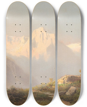 Triptych art skateboard deck of Carl Lafite Sunset In The Mountains by Carl Lafite (1830-1900)