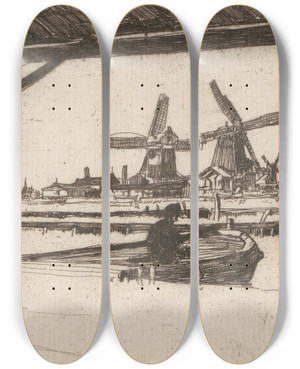 Triptych art skateboard deck of David Young Cameron Zaandam Windmills by David Young Cameron (1865-1945)