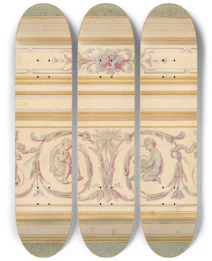Triptych art skateboard deck of Julesedmondcharles Lachaise Design For A Ceiling With Two Putti And Symbols For The Arts by Jules-Edmond-Charles Lachaise (1897)