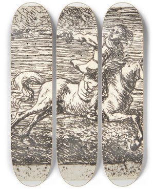 Triptych art skateboard deck of Pieter Van Laer To Kmpende Ryttere by Pieter Van Laer (1592-1642)