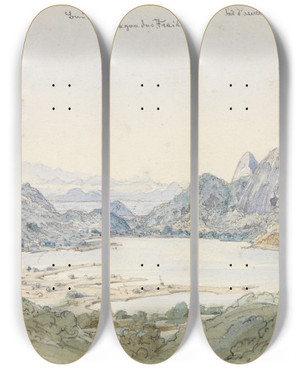 Triptych art skateboard deck of Ferdinand Keller Brasilianische Gebirgslandschaft Am Meer by Ferdinand Keller (1842-1922)