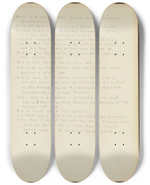 Triptych art skateboard deck of Henry De Wolfe Sugar Merchants Suit Written Description by Henry De Wolfe