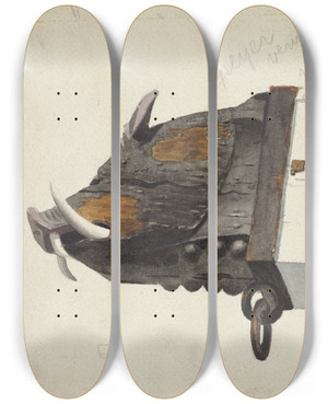Triptych art skateboard deck of Joseph Goldberg Carving Boars Head by Joseph Goldberg