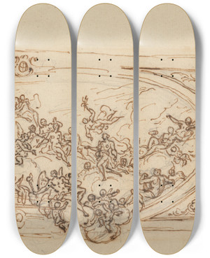 Triptych art skateboard deck of Sir James Thornhill Design For A Ceiling_1 by Sir James Thornhill (1675-1734)