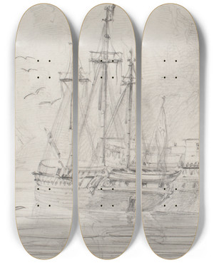 Triptych art skateboard deck of Bror Jacob Adelborg Segelfartyg P Redden Stockholms Strm by Bror Jacob Adelborg (1816-1865)