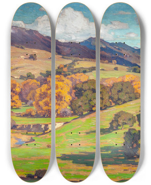 Triptych art skateboard deck of William Wendt California Landscape by William Wendt (1865-1946)
