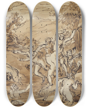 Triptych art skateboard deck of Robert Smirke Figure Study Of A Bacchanalia Celebration In A Wooded Landscape_1 by Robert Smirke (1752-1845)