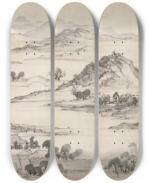 Triptych art skateboard deck of Ike Taiga View Of West Lake by Ike Taiga (1723-1776)