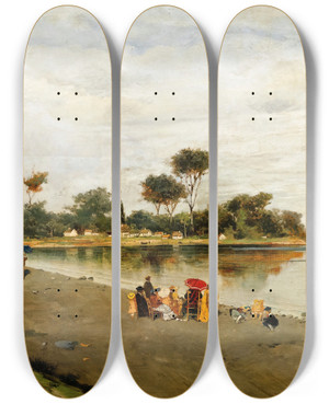 Triptych art skateboard deck of Constantinos Volanakis Elegant Figures At The Shore by Konstantinos Volanakis (1837-1907)