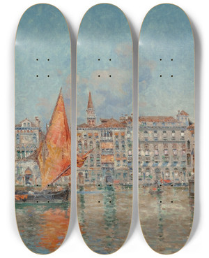 Triptych art skateboard deck of Antonio Mara De Reyna Manescau The Grand Canal From Santa Maria Della Salute Venice by Antonio Maria De Reyna Manescau (1859-1937)