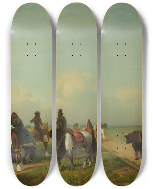 Triptych art skateboard deck of Prilidiano Pueyrredn Un Alto En El Campo by Prilidiano Pueyrredon (1823-1870)