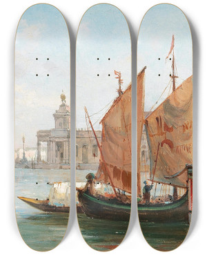 Triptych art skateboard deck of Pierre Tetar Van Elven Venice A View Of The Liberia From The Grand Canal by Pierre Tetar Van Elven (1828-1908)