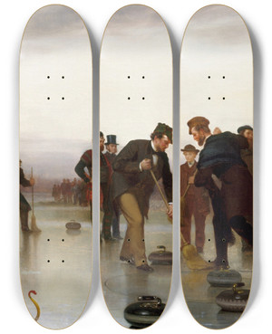 Triptych art skateboard deck of John George Brown Curlinga Scottish Game At Central Park by John George Brown (1831-1913)