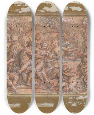 Triptych art skateboard deck of Guy Louis Vernansal The Elder The Wedding Feast Of Bacchus And Ariadne by Guy Louis Vernansal The Elder (1648-1729)