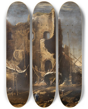 Triptych art skateboard deck of Salvator Rosa A Coastal Landscape With Shipwrecks And Ruins by Salvator Rosa (1615-1673) Triptych art skateboard deck of Salvator Rosa A Coastal Landscape With Shipwrecks And Ruins by Salvator Rosa (1615-1673)