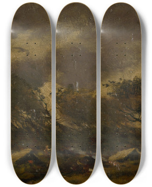 Triptych art skateboard deck of Ferdinand Katona Gypsy Camp During A Storm by Ferdinand Katona (1864-1932)
