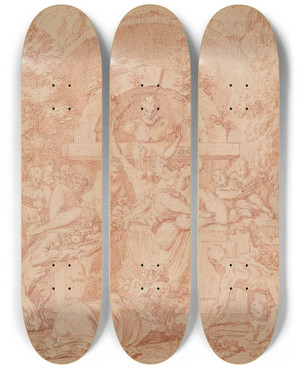 Triptych art skateboard deck of Claude Gillot Study For Festival Of The God Pan La Fete Du Dieupan by Claude Gillot (1673-1722)