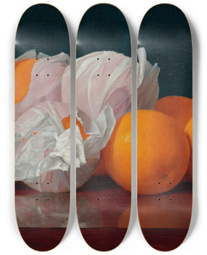 Triptych art skateboard deck of William Mccloskey Wrapped Oranges On A Tabletop by William Mccloskey (1859-1941)